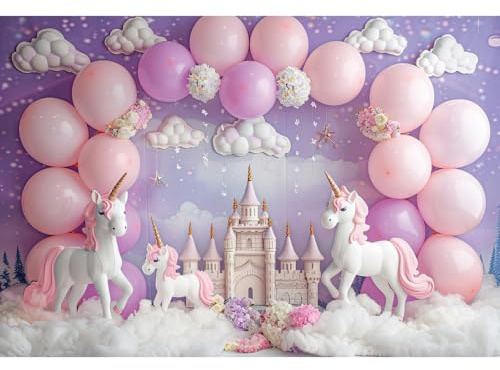 Ttincceer 3x2m Unicornio cumpleaños telón de Fondo Castillo Rosa púrpura Globo niña bebé Ducha fotografía Fondo Blanco algodón Nube Flor recién Nacido Fiesta de cumpleaños Decoraciones Banner
