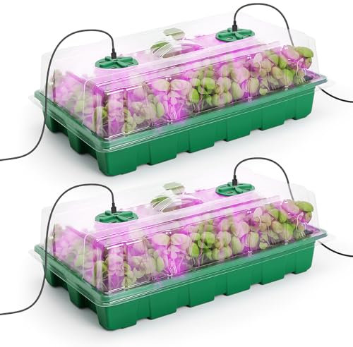 MIXC Seed Trays with Grow Light, 2 Pack Propagator for Plants Greenhouse, Garland Propagators with Lids 200 Cells Seedling Tray Growing Pots Trays Plant Germination Kit Plastic Propagating Set