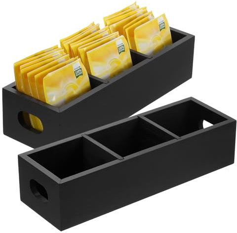 QUARKZMAN Organizador de Bolsitas de Té, Caja de Té de Madera de Pino con 3 Compartimentos Y Asa, Organizador de Almacenamiento de Té para Bolsitas de Té, Negro