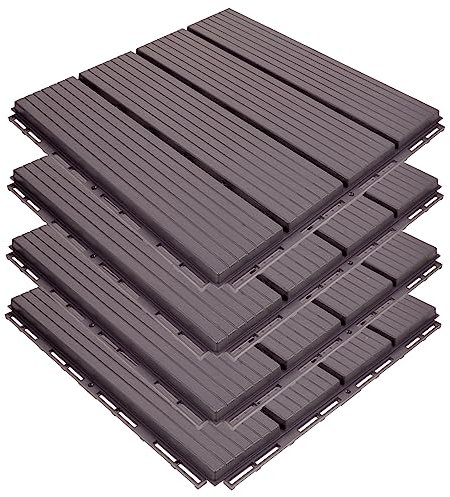 Homoyoyo 4pcs Interlocking Balcony Deck Tiles Outdoor Patio Floor Tiles Imitation Wood Plastic Composite 30x30cm Grey Brown Non-slip Terrace Flooring for Garden and Balcony