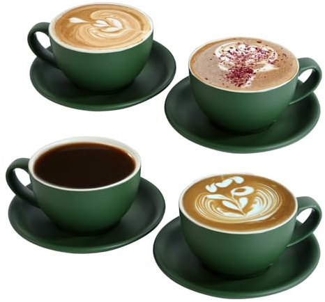 Juego de 4 tazas de café de 300 ml, de cerámica verde mate, con platillos, juego barista para arte latte y moca, tazas grandes y platillos