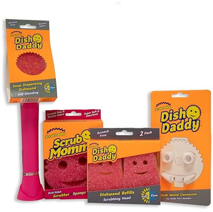 Scrub Daddy Scrub Mommy Dish Wand, Refill Heads, Sponge & Connector Head, Soap Dispensing Dish Brush, Texture Changing Washing Up Sponge, Dual Sided Non Scratch Scourers with Liquid Handle - Pink