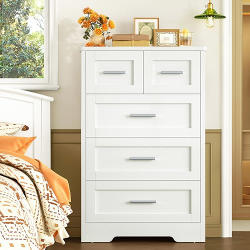 TEENFON Comoda Dormitorio 5 Cajones Blanca, Cómoda y Cajonera Multifunción para Dormitorio - Sinfonier Blanco de Gran Capacidad, Ideal para Salón y Entrada, 60x35x96.5 cm