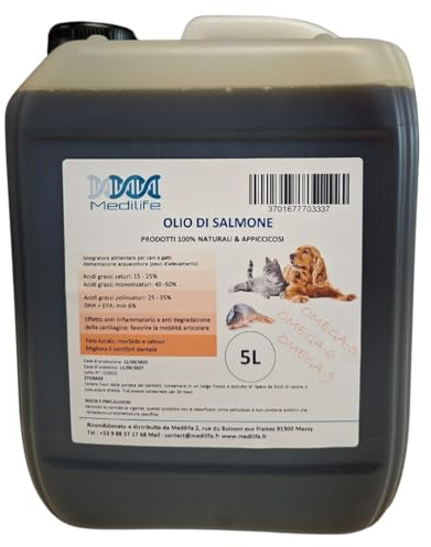 Medilife Olio di Salmone Premium 5L – Supplemento Naturale per Cani, Gatti e Cavalli con Omega 3, 6, 9 – Supporto Cute, Pelo e Benessere Generale