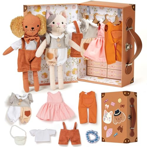 vamei Set de Peluche Chat & Chien à Habiller avec Accessoire Poupée, Valise de Rangement Portable, Cintres en Bois, Vêtements de Poupée, Armoire Valise, Cadeau Jouet Fille 3 4 5 6 Ans (Set 1)