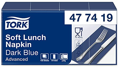 Tork 477419 mjuka lunchservetter mörkblå 1/8 fals/3-lagers, förvikta servetter för små maträtter och mellanmål/avancerad kvalitet/10 x 150 (1500) pappersservetter/32,6 x 33 cm (B x L)