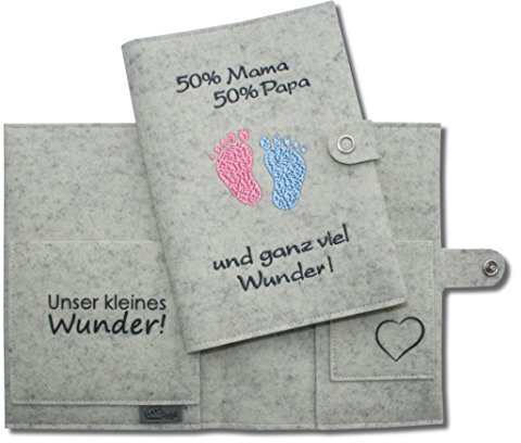 Custodia Deluxe per libretto gravidanza 50% Mama 50% Papa... und ganz viel Wunder con extra tasche e chiusura in feltro di lana 100% - prodotto in Germania