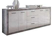 Stella Trading Stone Kommode mit Schubladen in Beton Optik, Weiß Hochglanz - Moderne Kommode mit viel Stauraum für Ihren Wohnbereich