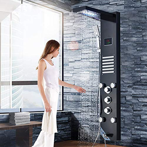 LED Duschpaneel aus rostfreiem Edelstahl mit Temperaturanzeige und 10 Massagedüsen Farbe: (Schwarz)