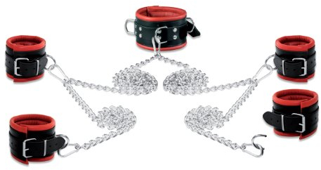 80mm Bondage Set echt Leder Ketten Fesselset Handfesseln Fußfesseln Halsband gepolstert rot Bondage Kit
