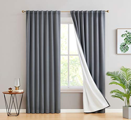 HLC.ME Hamilton 100% Complete Blackout Lined Drapery with Heavy Double Layer Thermal Insulated Energy Smart Long Rod Pocket Back Tab Window Curtains for Bedroom & Living Room, Pair (52 W x 96 L, Grey)