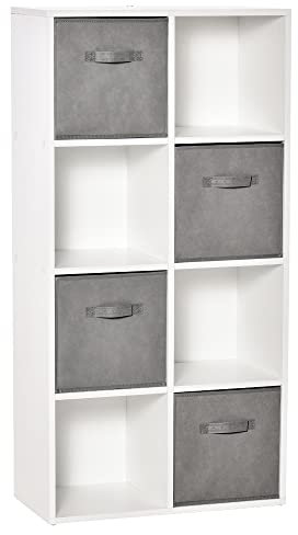 HOMCOM Estantería para Libros de 8 Cubos Librería Modular con 4 Cajones Extraíbles de Tela no Tejida para Oficina Estudio Dormitorio 61,5x30x121,6 cm Blanco y Gris