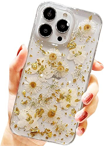 AMART für iPhone 13 Pro Max Hülle Blumen, Durchsichtig Echte Getrocknete Blumen HandyHülle Klare Glitzer Aesthetic Weich Silikon Schutzhülle für iPhone 13 Pro Max(6,7NUR)(Goldene Gänseblümchen)