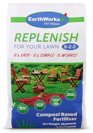 EarthWorks EW4H Replenish Lawn Fertilizer (8-2-2), Organic Compost Grass Food, Deep Root Turf Booster, Year-Round Green, Soil-Building Formula for All Seasons, 25 lbs
