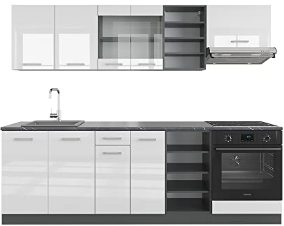 Vicco Mueble de Cocina R-Line, Blanco Brillo/Antracita, 240 cm sin encimera