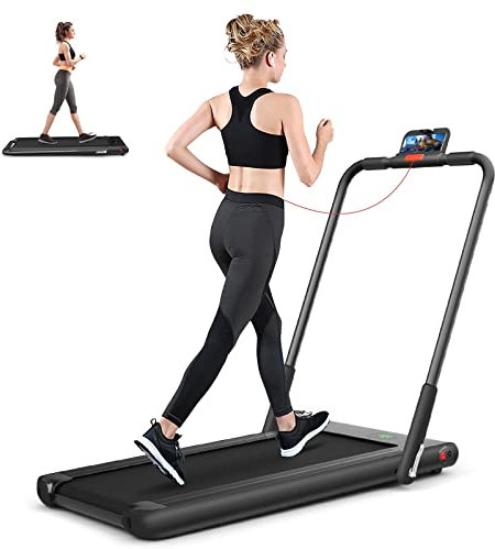 GYMAX 2 in 1 Laufband klappbar, Heimlaufband mit Fernbedienung & LED-Display, Fitnessgerät mit App, Bluetooth & Gerätehalterung, Geschwindigkeit von 1-12 km/h, für Zuhause (Schwarz)