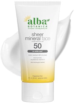 Alba Botanica Sunscreen for Face, Fragrance-Free Sheer Mineral Face Sunscreen Lotion, Broad Spectrum SPF 50, Water Resistant and Biodegradable, 2 fl. oz. Bottle (Packaging May Vary)
