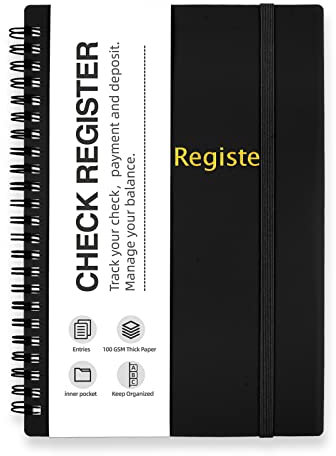 Homlive Check Register för personlig checkbok, dubbel spiral check registerbok, budgetplanerare med checkregister för personligt och arbete, 14 cm x 20 cm - svart