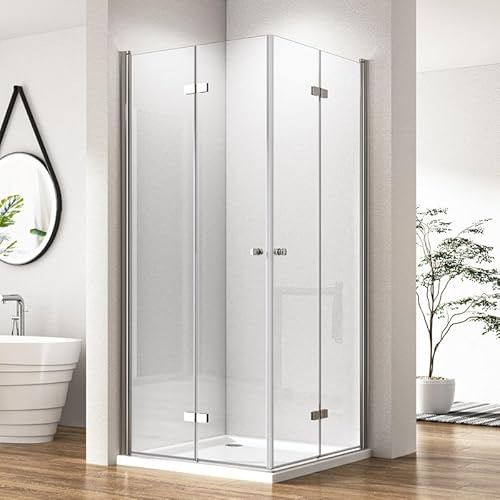 Eckeinstieg Falttür Duschkabine 90x90 cm Doppel Faltbar Duschabtrennung, Silber Drehfalttür mit 5 mm NANO ESG Glas, Duschwand in beide Richtungen pendeln Schwenkbereich von 180°, Höhe 185cm