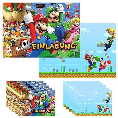 GUBOOM Set di 12 biglietti di invito Super Mario per feste di compleanno per bambini, biglietti di invito per feste di compleanno per ragazzi e ragazze, biglietti di invito Super Mario per feste di