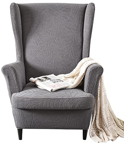GKXLH 2 IN 1 Design Soft Stretch Wingback Chair Covers (Dark Grey) | Pet-friendly Wing Chair Slipcover 2 Piece Set, Full Protection Wing Back Chair Cover Chair Protector for Living Room Hotel