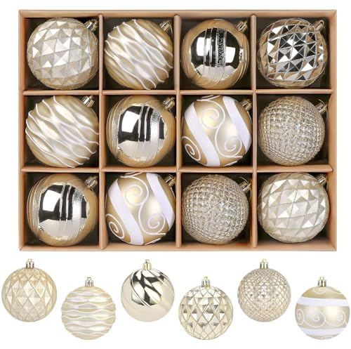 SHareconn 80mm Christmas Baubles,12PCS Colored Shatterproof Plastic Decorative Hanging Tree Decorations Baubles Set for Xmas Tree Decor Holiday Party Wedding Decoration with Lanyard,Gold & White