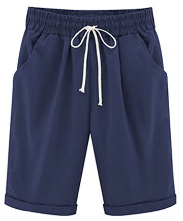 oglccg Womens Half Pants Plus Size Knee Length Cotton Linen Shorts with Pockets Summer Solid Beach Vacation Straight Leg Trousers Drawstring Elastic Waist Bermuda Casual Work Shorts, Dark Blue, 5XL