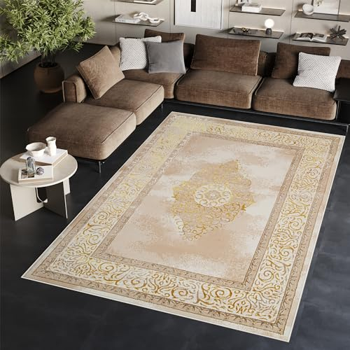TAPISO Ares Teppich Kurzflor Glänzend Beige Creme Ornament Blumen Bordüre Rahmen Medaillion Klassisch 3D Effekt Wohnzimmer Schlafzimmer ÖKO-TEX 120 x 170 cm