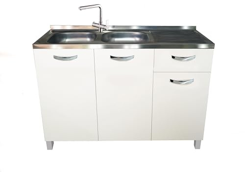 MABEL Mueble bajo fregadero de cocina con cajón blanco, organizador de madera ennoblecida con fregadero de apoyo de acero, bañeras a la izquierda con escurridor – L 120 cm x P 50 cm x H 83,5 cm