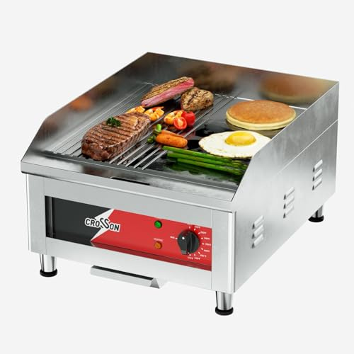 CROSSON Piastra Elettrica per Grigliare Professionale 1750W,40 x 40 CM Piastra Fry Top Elettrica Inox con Scanalatura,Temperatura Regolabile 88-300°C con Spatola per Ristoranti Luoghi Pubblici