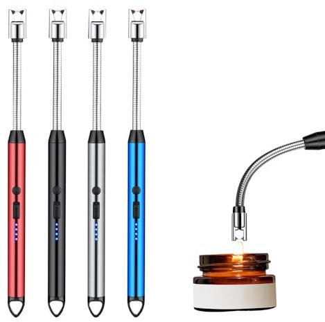 Vmxlso 4 Stück Stabfeuerzeug USB Aufladbar, Lichtbogen Feuerzeug Elektrisch, Elektrisches Feuerzeug Lang, Winddichte Kerzenanzünder für Kerzen Anzünden, Grill, Camping, Kamin (Schwarz+Silber+Rot+Blau)
