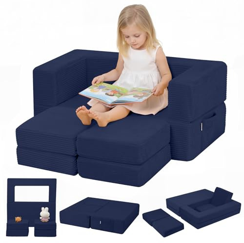 MeMoreCool Kids Convertible Sofa Bed, Toddler Chair Couch, Navy Blue | Soft Corduroy Fold Out Kids Lounger, Baby Couch Floor Armchair and Modular Sofa For Bedroom Playroom