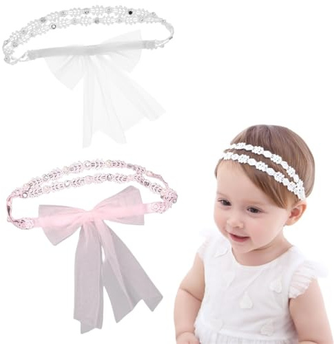 2 Pezzi Cerchietti per bambini, nastro in gros grain per bambine, cerchietto Per Capelli Con Fiocchi Accessori, per capelli fascia neonato, fascia pizzo chiffon moda fascia elastica capelli