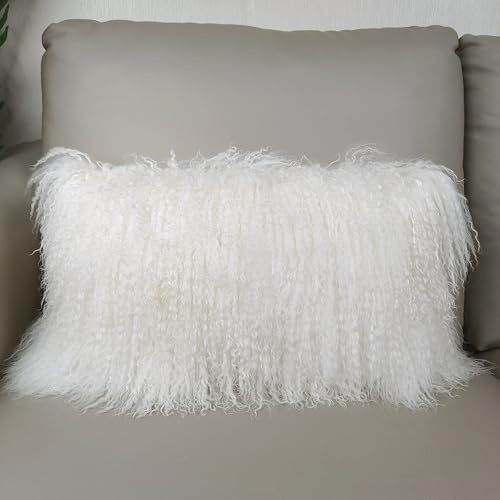 Generico Cuscino in pelliccia di agnello tibetano e mongolo fatto a mano – 30 cm x 50 cm | Decorazione d'interni etnica di lusso bianco