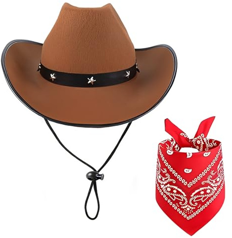 MYKAGS Cowboy Hats for Women and Men with Pull-On Closure, Cowboy Cowgirl Costume Accessories Set, Western Cowboy Hat with Bandanas for Party, Costume Party Perfect Cowboy for Adults (Red Coffee)