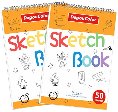 DagouColor 50 fogli Sketch Book Quaderno da disegno spiralato, Carta senza acidi, Album da Disegno, Album per Schizzi per artisti, 22.9CMX30.5CM（Pack of 2）