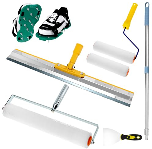 QWORK 6-delad självnivellerande cementverktygssats, epoxi spikskor, 0,4-1,6 m teleskopstång, 50 cm rullborste, 56 cm rostfri stålskrapa, färgrullar, 10 cm kittkniv