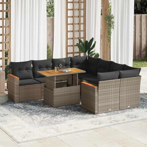 QJBSAVVA Salon de jardin 9 pièces - Gris - 62 x 62 x 69 cm - Poly rotin avec acacia - Groupe de sièges modulaires d'extérieur avec coussins amovibles gris foncé - Matériau robuste pour balcon
