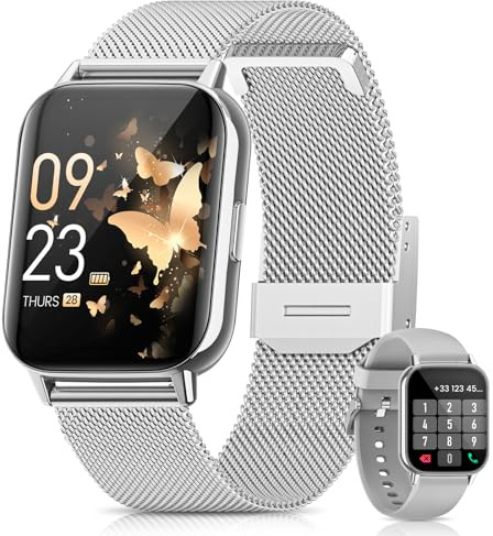 2026 Nuevo Reloj Inteligente Mujer, 1.85 AMOLED Smartwatch con Llamadas Función Femenina, 24H SpO2/Pulsómetro/Sueño,113+ Modos Deportivos 5ATM Calorías Podómetro WhatsApp Android iOS Plata, Regalo