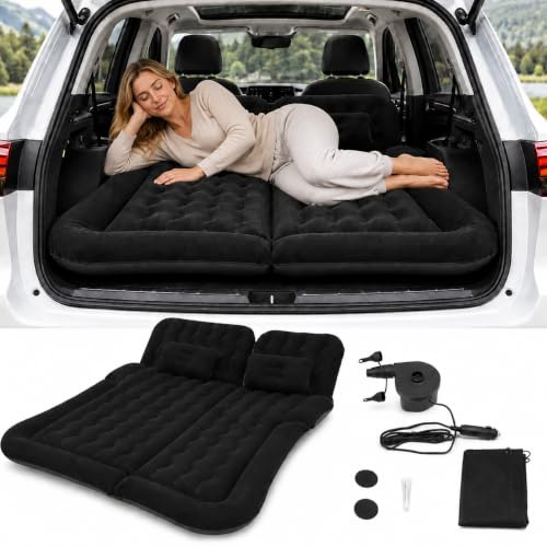 Goddlgjik Matelas gonflable portable pour siège arrière de voiture jusqu'à 300 kg - Avec pompe à air et 2 oreillers - 172 x 126 cm - Pliable - Double matelas gonflable pour voyage, camping, extérieur