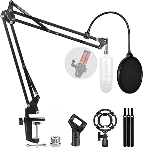 Adjustable Desktop Microphone Stand with Condenser Microphones Holder Suspension Mic Boom Scissor Arm Stands with Windscreen Mic Pop Filter Shock Mount for Radio Broadcasting Studio and Recording