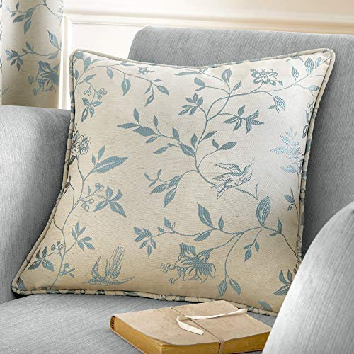 Curtina Natural White (43 x 43cm) -Duck Egg Blue Bird Luxury Bedroom & Living Room-Ivory Cream Floral Cushion Inserts with Covers Included, Polyester, Filled