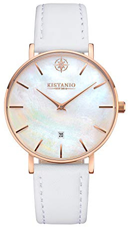 Kistanio Damenuhr Moyen Rose Edelstahl Saphirglas mit weißem Lederband RG-PM-L-WH