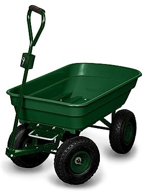 TERRE JARDIN - Carro de jardín de 4 Ruedas 120 Kg - Cubo 52 L - Función Carro - Carro de Remolque con Enganche - Capacidad de volcado 80 Kg - Neumáticos perfilados inflables 24 cm