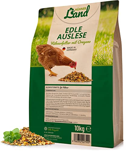 HÜHNER Land Hühnerfutter – Edle Auslese mit Oregano 10kg I Hühner Alleinfutter, OHNE GENTECHNIK & ZUSÄTZE, GVO frei, Ganzjahresmischung Körnerfutter für Hühner, Wachteln, Küken & Geflügel