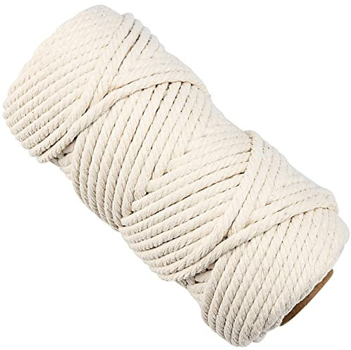 SINJEUN Cordon en coton naturel pour macramé 6 mm, 50 m, 4 brins torsadés en coton, pour loisirs créatifs, suspension de plantes, tricot, beige