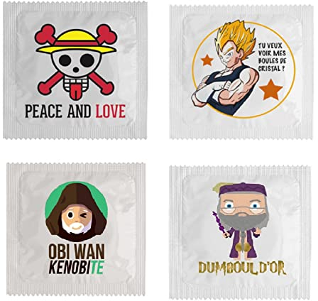 UDC - Set mit 5 humouristischen Kondomen - Peace and Love + Du willst meine Kristallkugeln sehen? + Obi Wan Kenobite + Dumbouor