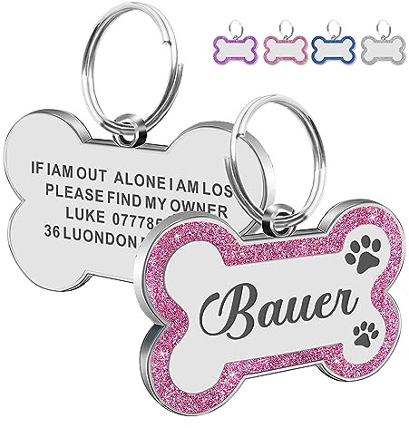 Dog Tags for Pets Engraved UK Personalised ID Tags for Dogs with Any Name & Text Dog Collar Glitter Bone Dog Tag Custom Stainless Steel Dog Name Tag for Puppy Pet Dogs (Pink S, Bone)