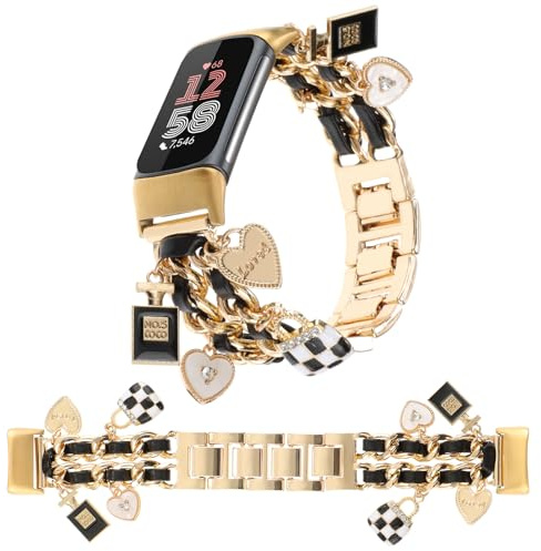 REALSIGN Bracelet élégant en métal compatible avec Fitbit Charge 6/Charge 5 pour femme, joli bracelet avec pendentifs uniques en forme de croix d'amour pour Fitbit Charge 5 6 Fitness Tracker