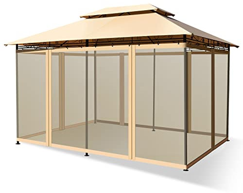 COSTWAY Carpas para Exteriores 4x3m, Cenadores para Jardin con Red Removible y Dobles Techos， Estructura en Acero Reforzado, Pergolas de Jardin Camping Playa (café)
